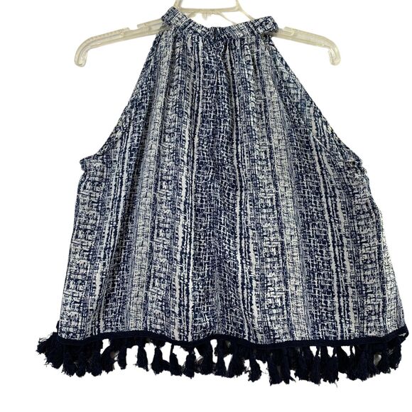 Paper Crane Top Womens Medium  Navy Blue White Print Sleeveless Fringe Blouse - Picture 1 of 8
